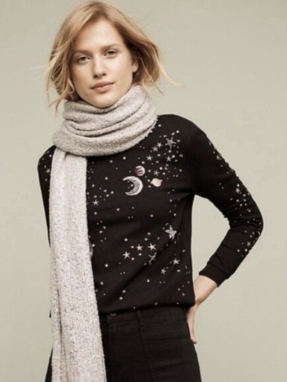 NEW Anthropologie Cosmic Galaxy Black Beaded Moon Space Star Sweatshirt Top - Picture 2 of 9
